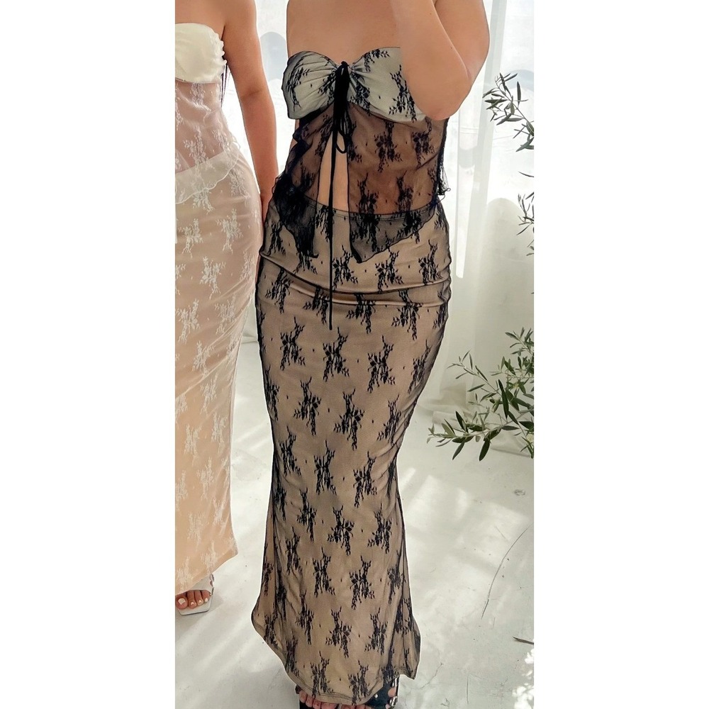 2/$30 Commense Black Brown Lace Overlay Mesh Straight Maxi Skirt S